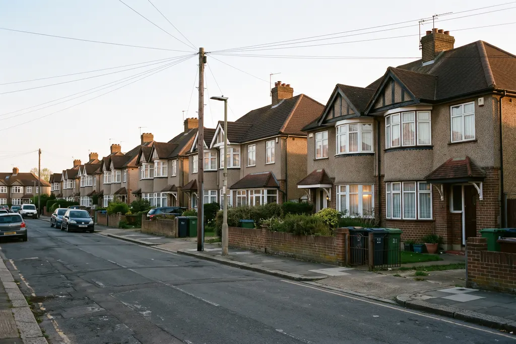 1930s semi-detached houses with bay windows on a quiet Acton street
