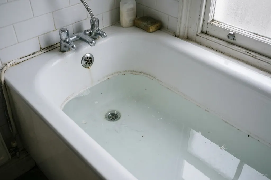 White bath full of standing water that isn't draining