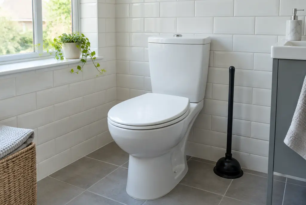 Toilet in a tiled bathroom with a plunger beside it