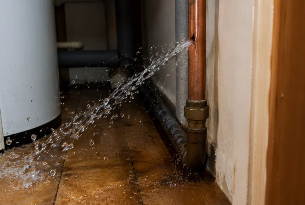 Water spraying from a burst copper pipe in an airing cupboard