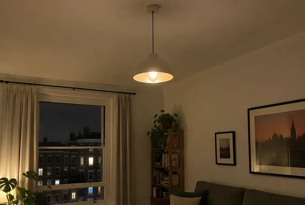 Pendant ceiling light in a London flat living room in the evening