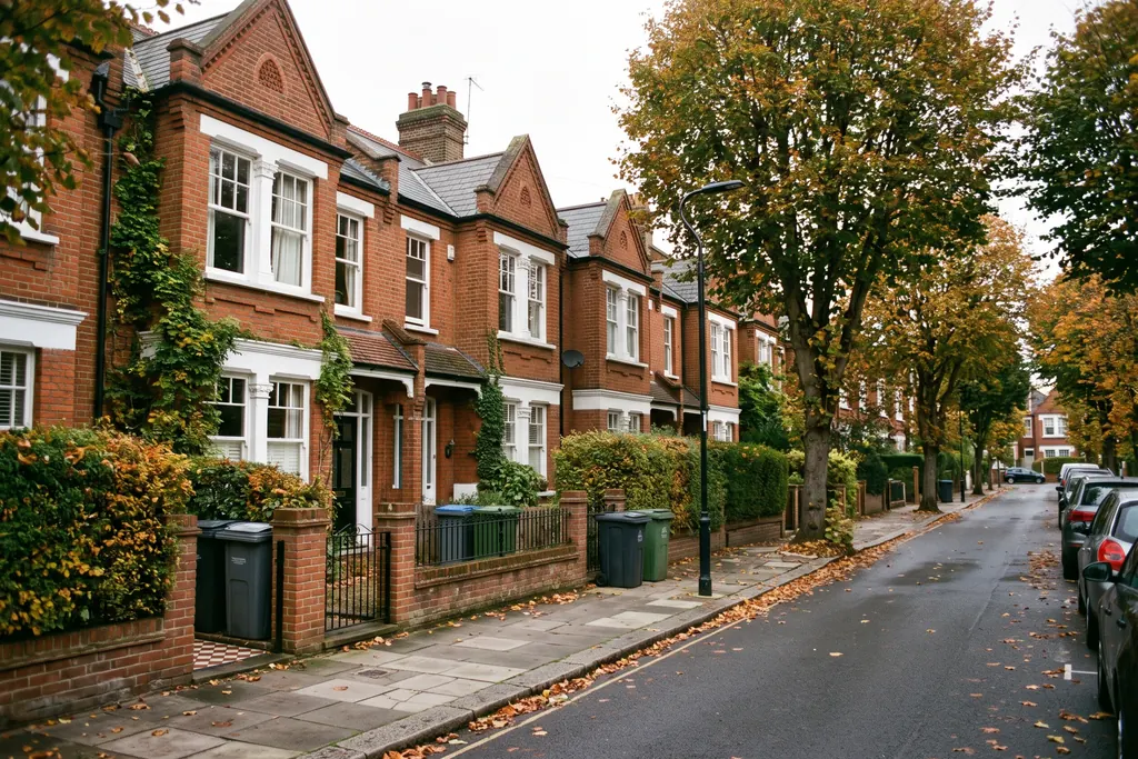 Red-brick Edwardian family houses on a tree-lined Chiswick street