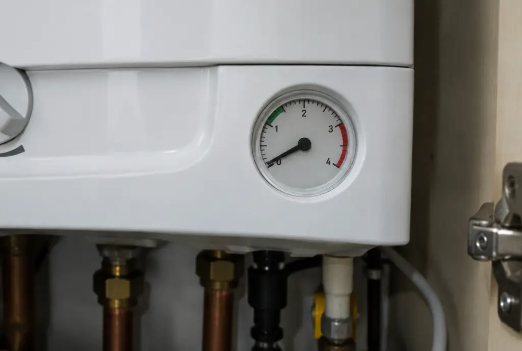 Pressure gauge on a combi boiler showing low pressure