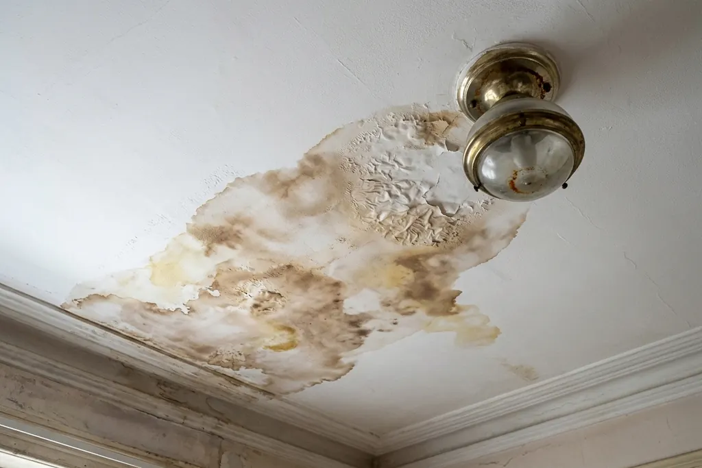 Brown damp patch spreading on a white ceiling near a light fitting