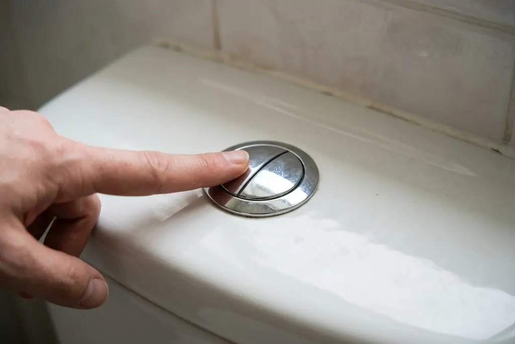Finger pressing the dual-flush button on a toilet cistern