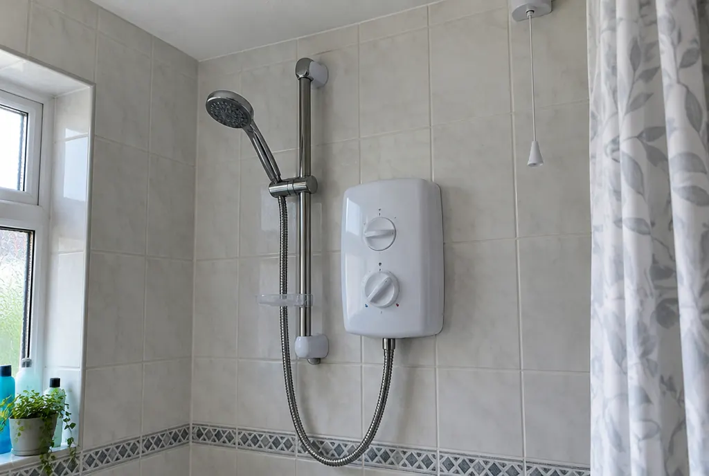 White electric shower unit with a pull-cord switch in a tiled bathroom
