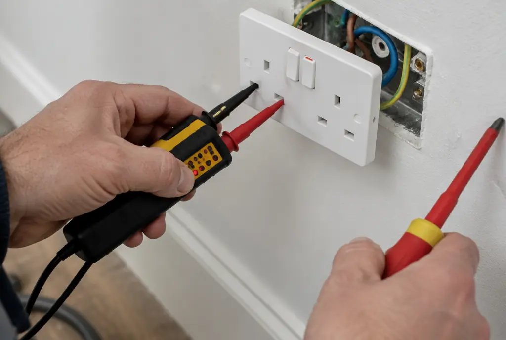 Electrician testing a wall socket with a voltage tester