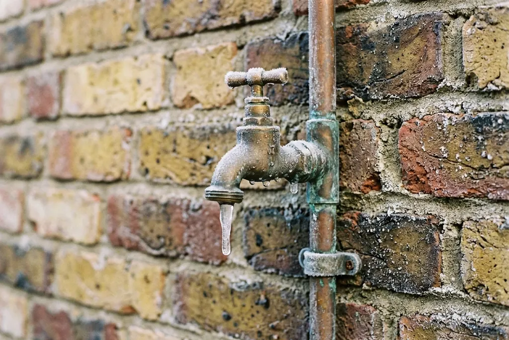 Frost-covered outdoor pipe and tap on a brick wall