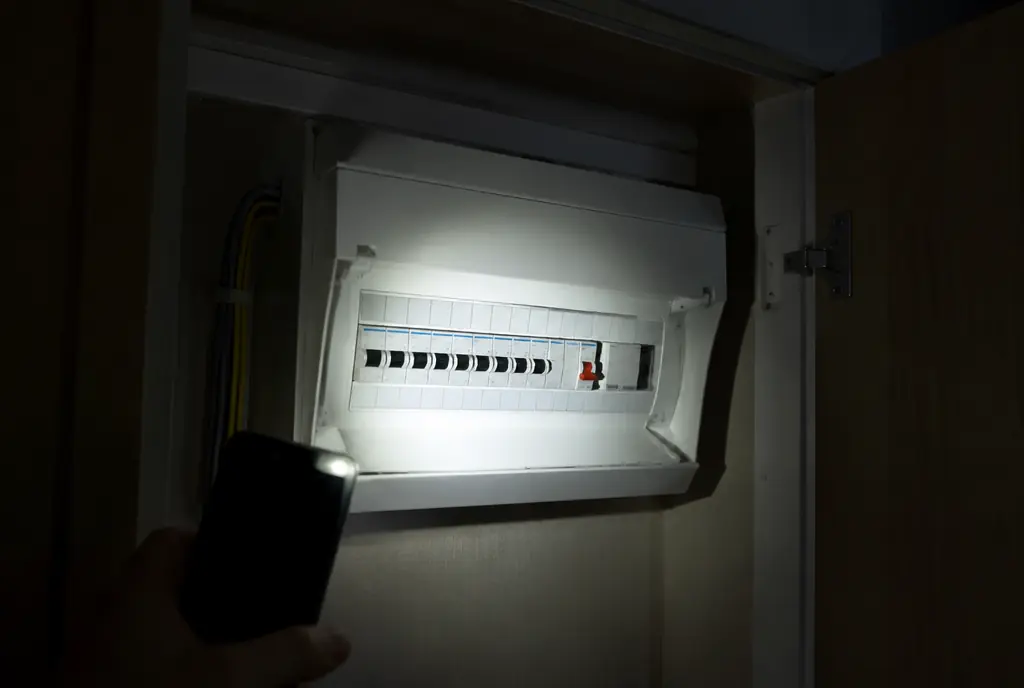 Consumer unit with one tripped switch lit by a phone torch