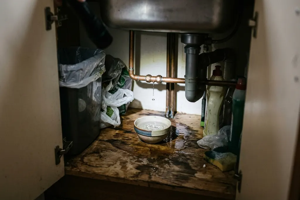 Dripping pipe joint inside a kitchen sink cupboard with a bowl underneath