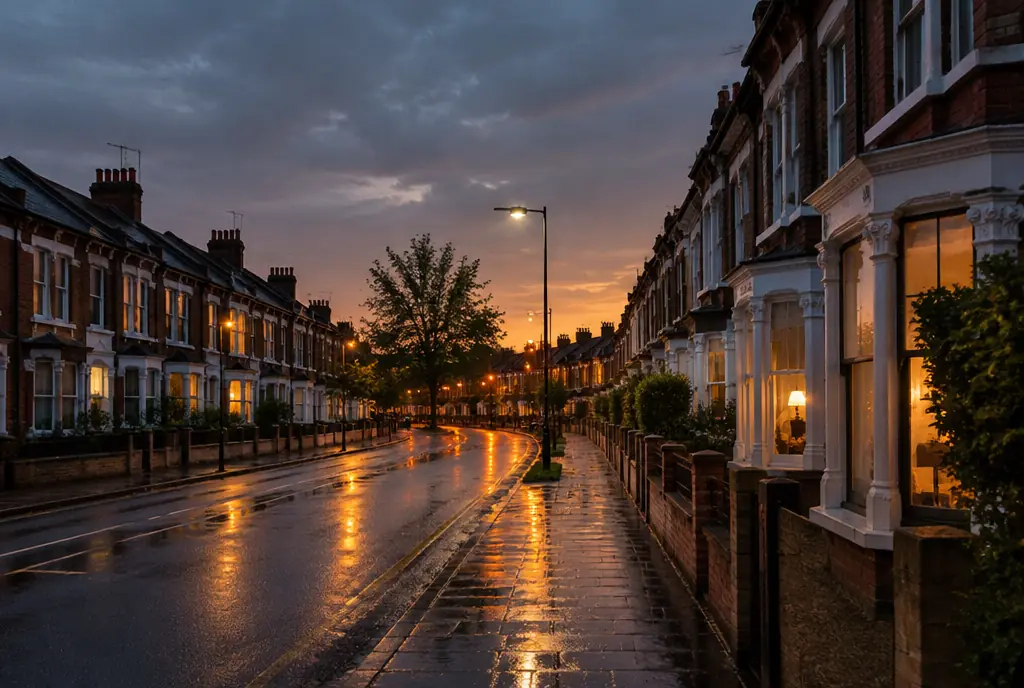 Victorian terraced houses on a London street at dusk