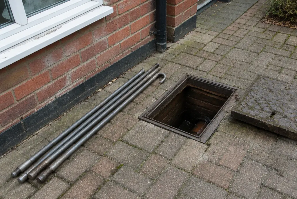 Open outside drain cover with drain rods beside it