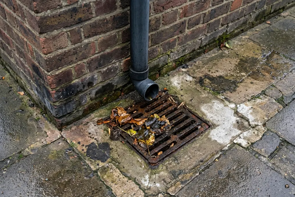 Outside drain gully grate with a waste pipe emptying into it