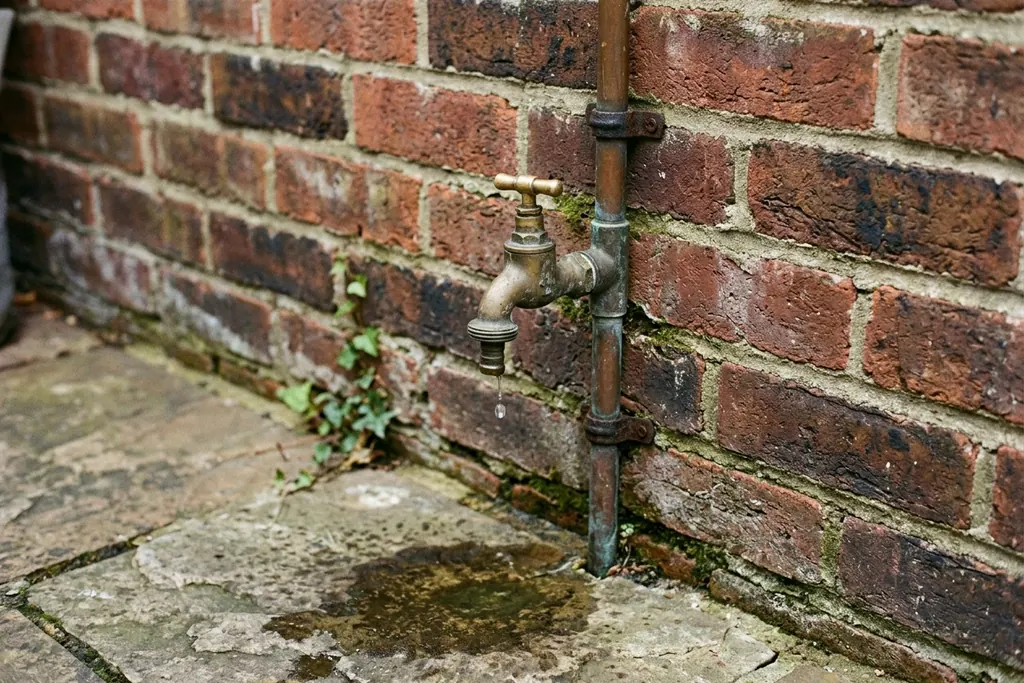 Outside garden tap on a brick wall dripping onto the paving