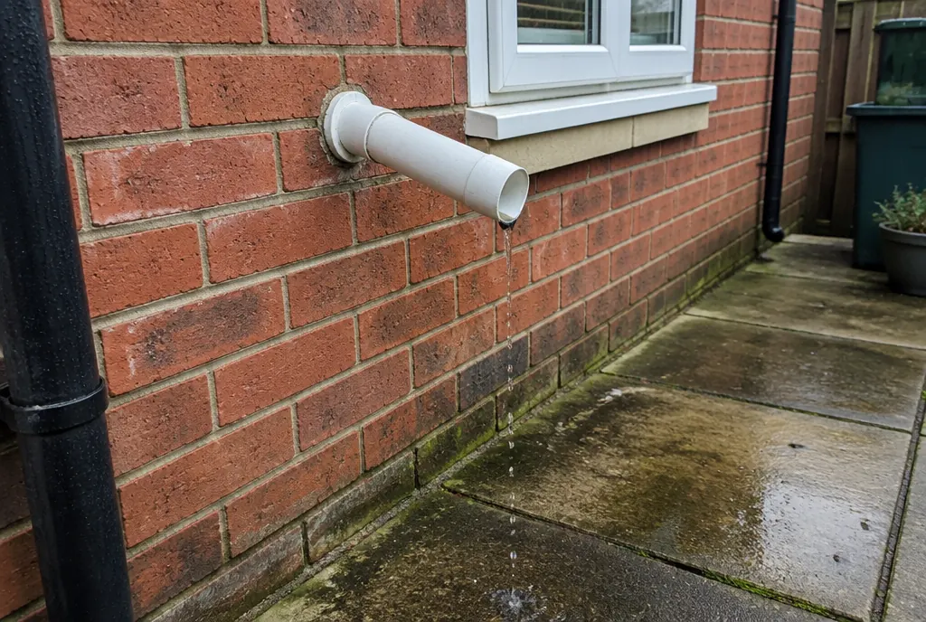 White overflow pipe dripping onto a patio from a brick wall