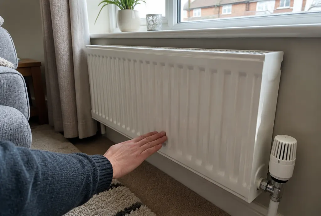 Hand feeling the bottom of a white radiator to check if it is cold