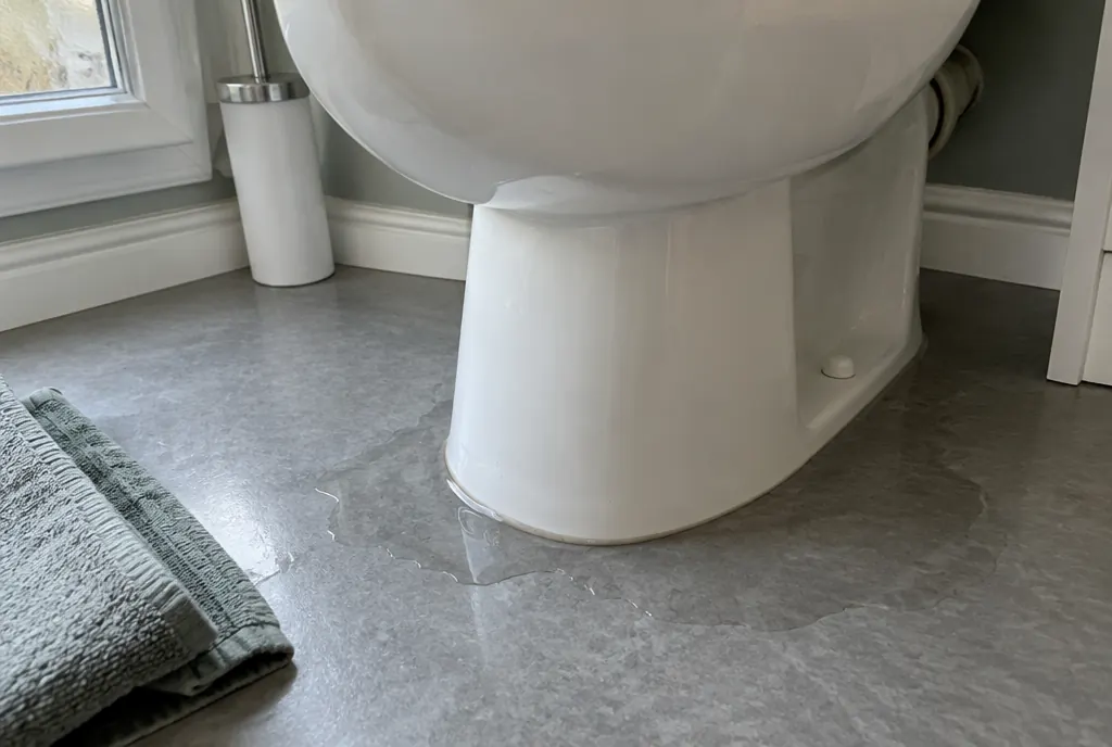 Puddle of water on a bathroom floor around the base of a toilet