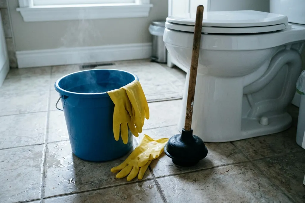 Bucket, rubber gloves and a plunger beside a toilet