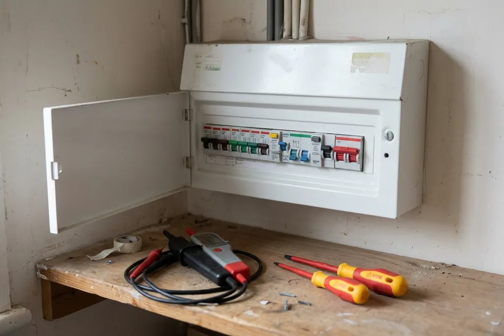 Voltage tester and screwdrivers beside an open UK consumer unit