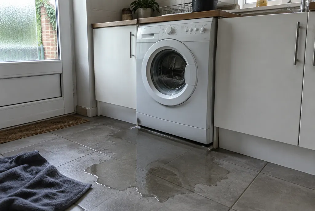 Puddle of water spreading across a kitchen floor from a washing machine