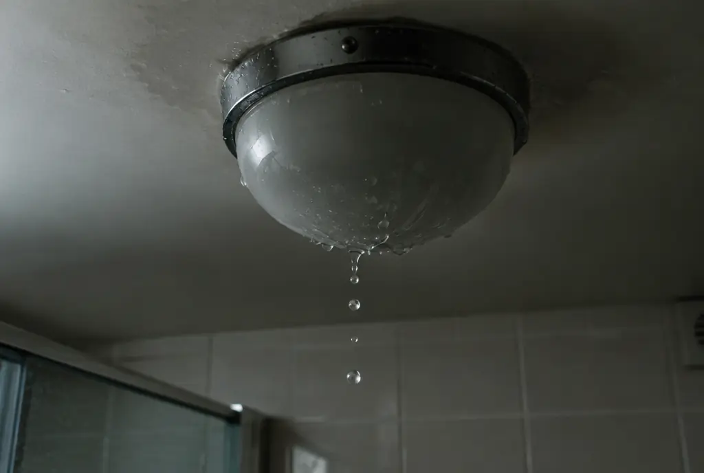 Water dripping from a bathroom ceiling light fitting