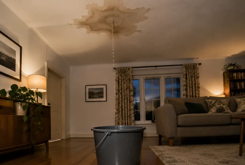 Water stain on a living room ceiling dripping into a bucket