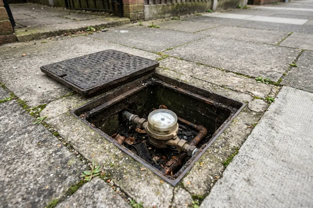 Water meter in an outdoor chamber with its cover lifted